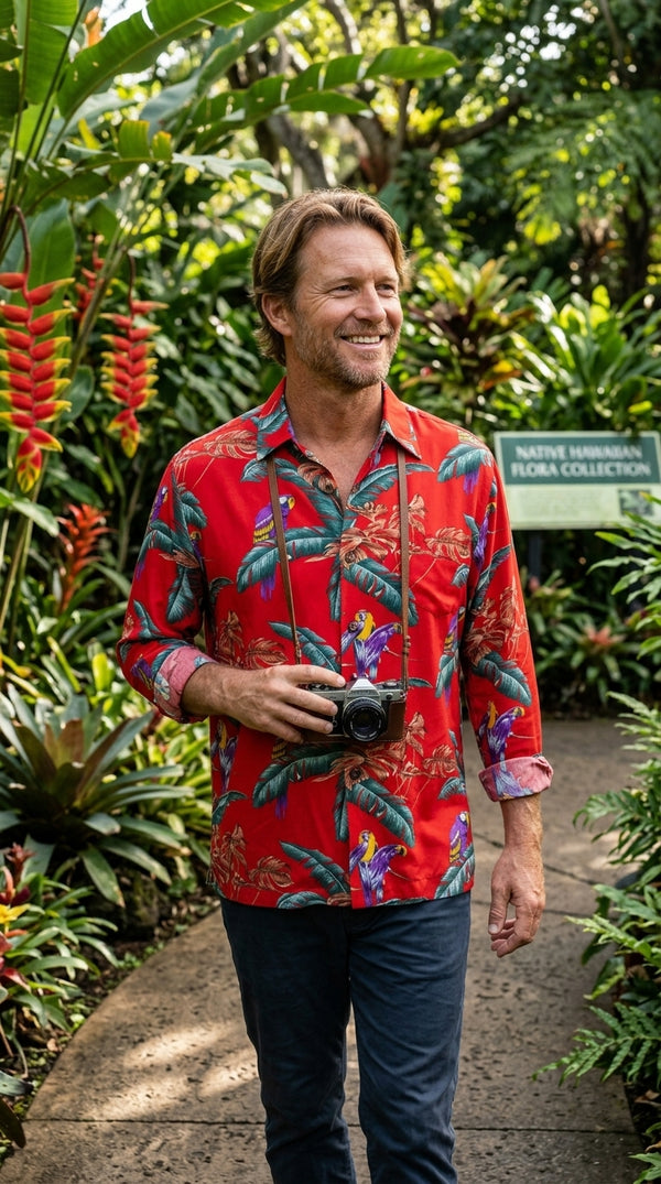 Jungle Bird Tom Selleck "Magnum PI" Kamehameha Style Mens Long Sleeve Shirt