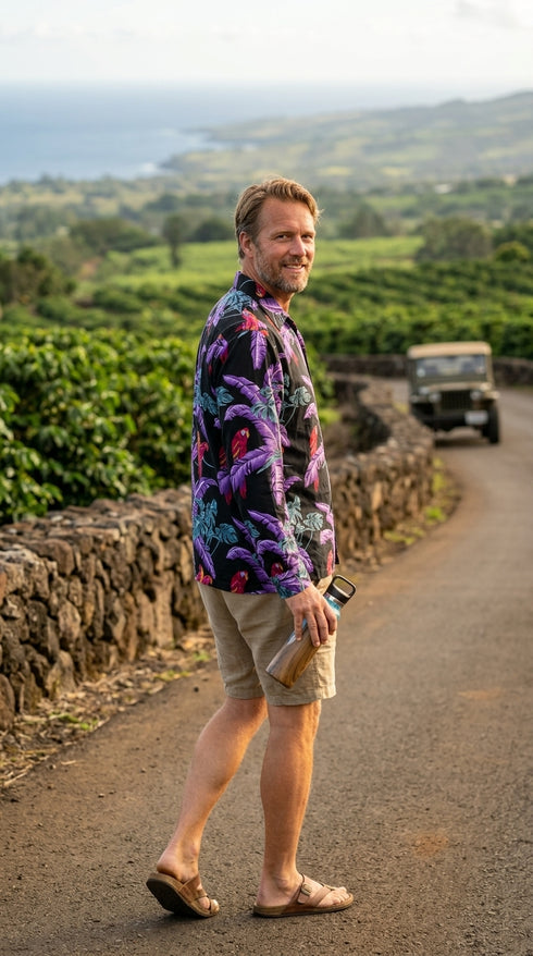 Jungle Bird Tom Selleck "Magnum PI" Kamehameha Style Mens Long Sleeve Shirt