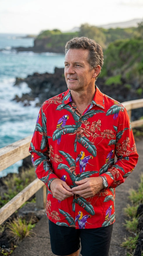 Jungle Bird Tom Selleck "Magnum PI" Kamehameha Style Mens Long Sleeve Shirt