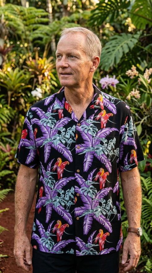 Paradise Found Mens Jungle Bird Tom Selleck Magnum PI Rayon Shirt