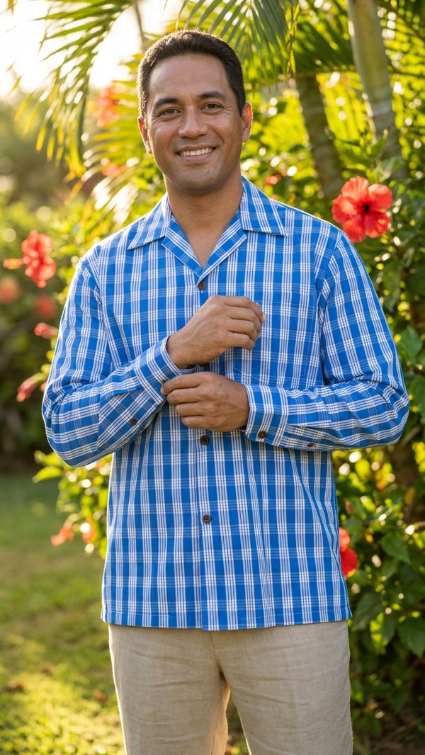 Men's Classic Hawaiian Paniolo Palaka Plaid Long Sleeve Shirt