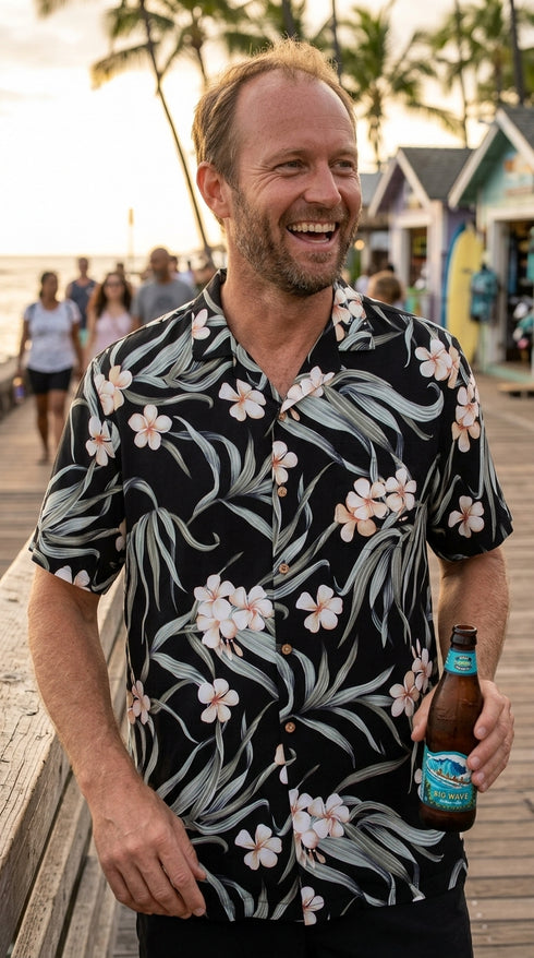 Paradise Found Men's Melia Plumeria Hawaiian Shirt, made in Hawaii