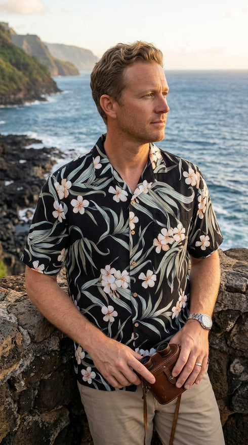 Paradise Found Men's Melia Plumeria Hawaiian Shirt, view 5 of 11