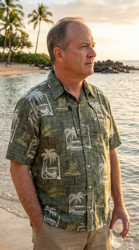 Made in USA - Go Barefoot Men's Outrigger Palm Reverse Aloha Shirt