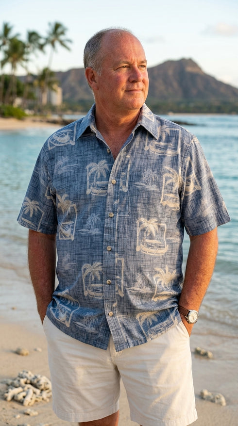 Made in USA - Go Barefoot Men's Outrigger Palm Reverse Aloha Shirt