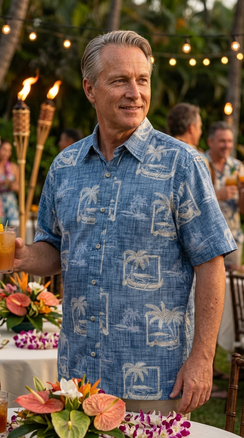 Made in USA - Go Barefoot Men's Outrigger Palm Reverse Aloha Shirt