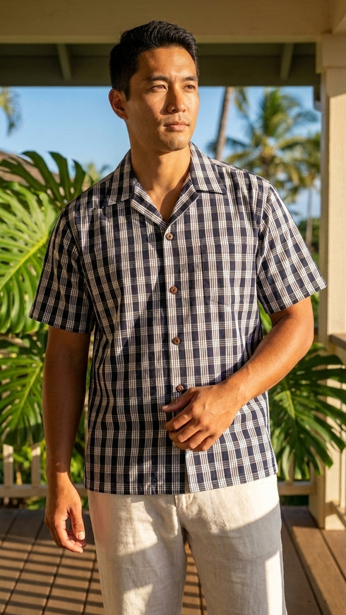 Men's Classic Hawaiian Paniolo Palaka Plaid Shirt
