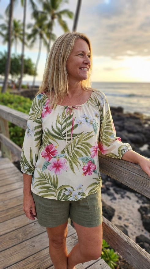 RJC Womens Pale Hibiscus Orchid Peasant Blouse