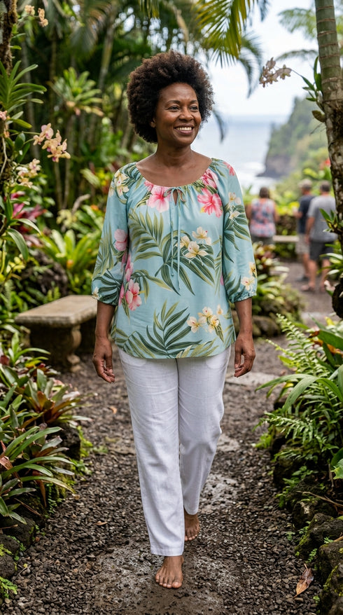 RJC Womens Pale Hibiscus Orchid Peasant Blouse