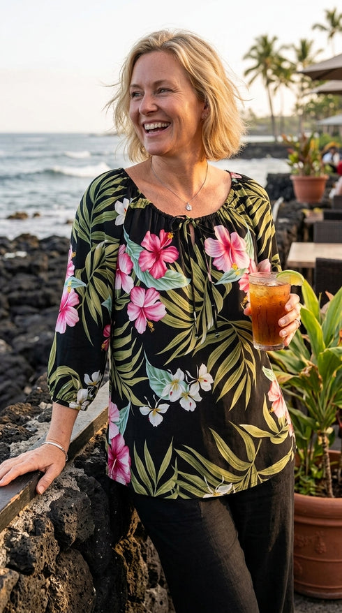 RJC Womens Pale Hibiscus Orchid Peasant Blouse