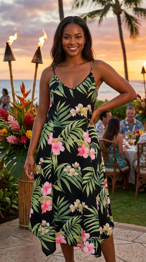 Women's Handkerchief Hem Dress - Pale Hibiscus Orchid Print - Midi Length