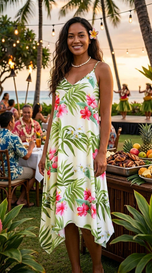 Women's Handkerchief Hem Dress - Pale Hibiscus Orchid Print - Midi Length