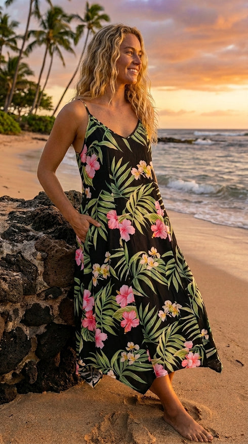 Women's Handkerchief Hem Dress - Pale Hibiscus Orchid Print - Midi Length