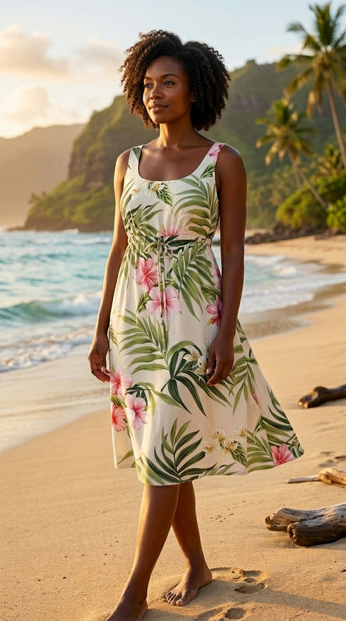 Pale Hibiscus Orchid Women's Empire Tie Front Hawaiian Dress (Generous Fit)