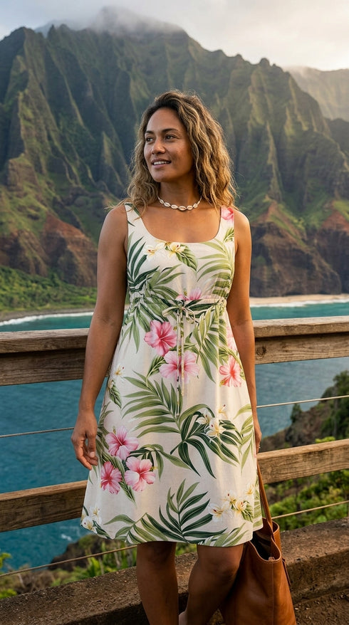 Pale Hibiscus Orchid Women's Empire Tie Front Hawaiian Dress (Generous Fit)