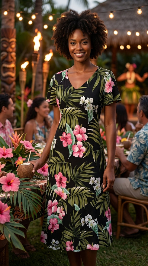 RJC Women's Pale Hibiscus Orchid Tea Length Cap Sleeve Hawaiian Dress