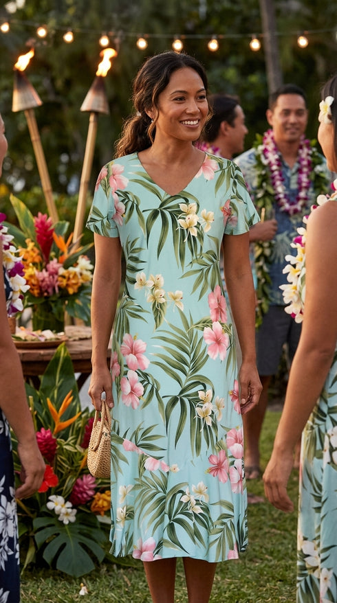 RJC Women's Pale Hibiscus Orchid Tea Length Cap Sleeve Hawaiian Dress