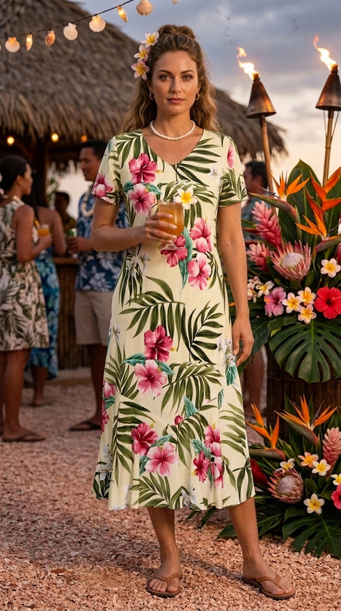 RJC Women's Pale Hibiscus Orchid Tea Length Cap Sleeve Hawaiian Dress