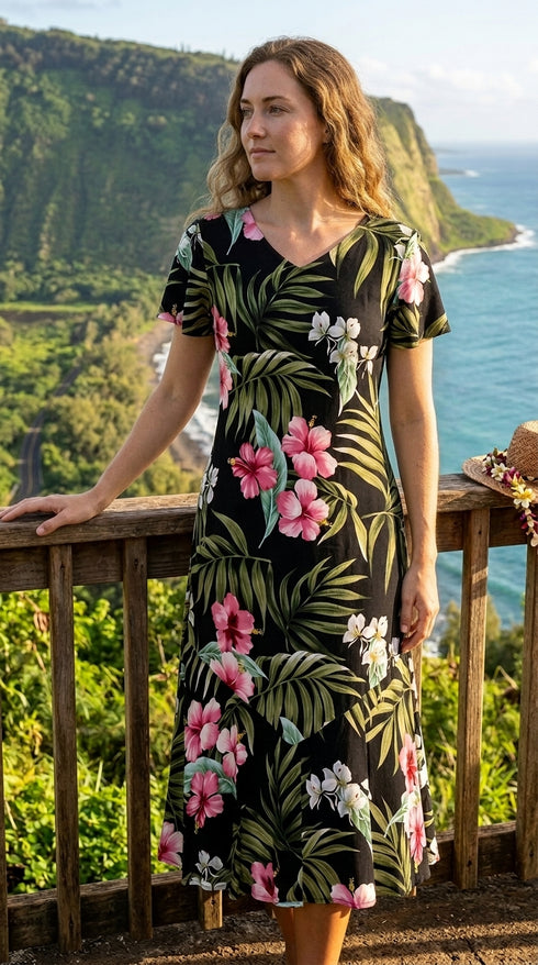 RJC Women's Pale Hibiscus Orchid Tea Length Cap Sleeve Hawaiian Dress