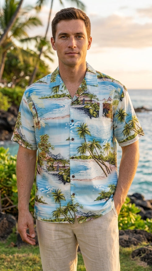 RJC Mens Paradise Island Surf Orange and Blue Rayon Shirt