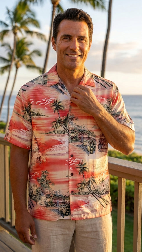 RJC Mens Paradise Island Surf Orange and Blue Rayon Shirt