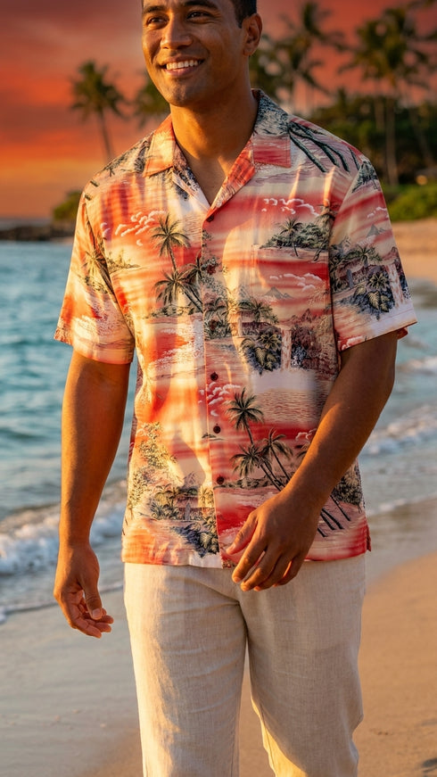 RJC Mens Paradise Island Surf Orange and Blue Rayon Shirt