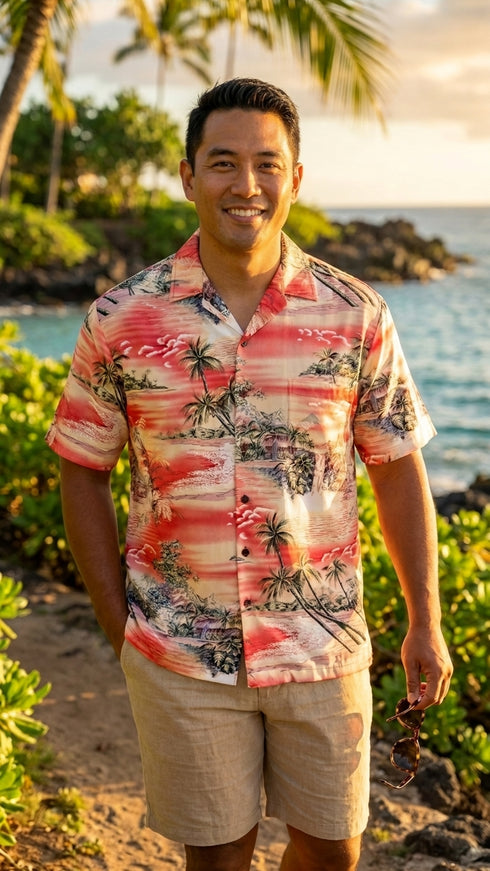 RJC Mens Paradise Island Surf Orange and Blue Rayon Shirt