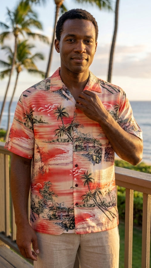 RJC Mens Paradise Island Surf Orange and Blue Rayon Shirt