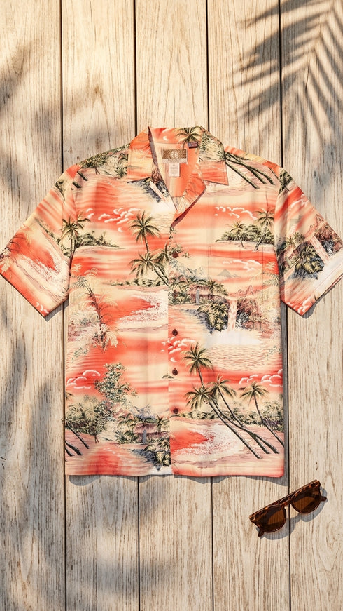 RJC Mens Paradise Island Surf Orange and Blue Rayon Shirt