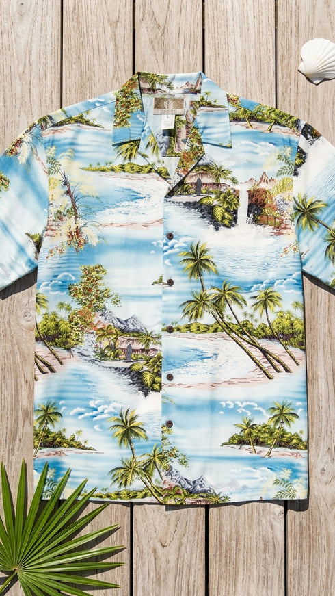 RJC Mens Paradise Island Surf Orange and Blue Rayon Shirt