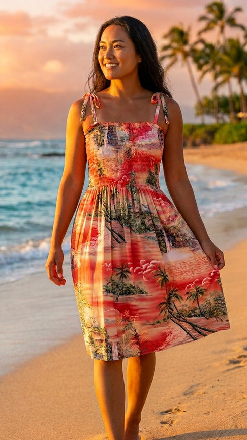 Women’s Smocked Tube Dress – Paradise Island Surf Print