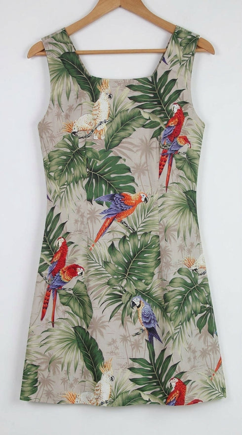 Women’s A-Line Dress – Parrot Monstera Print – Slimming Bodice
