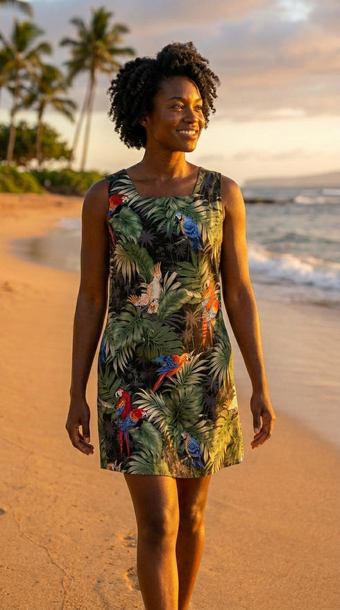 Women’s A-Line Dress – Parrot Monstera Print – Slimming Bodice