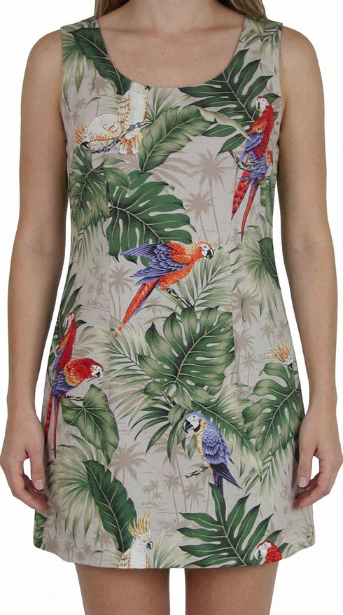 Women’s A-Line Dress – Parrot Monstera Print – Slimming Bodice
