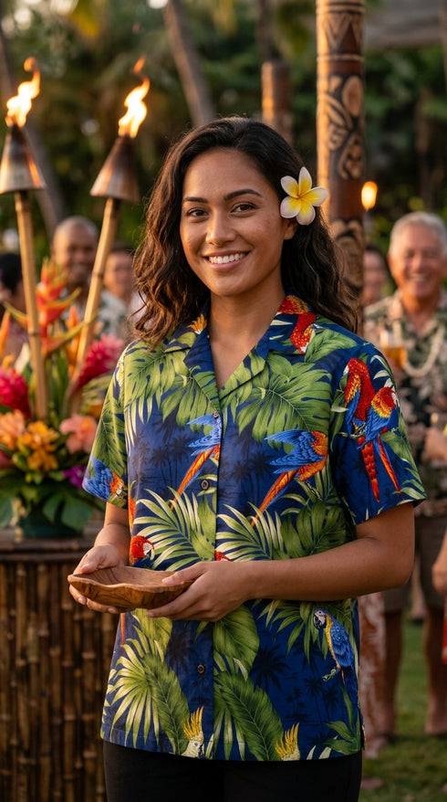 Parrot Monstera Women's Hawaiian Camp Shirt