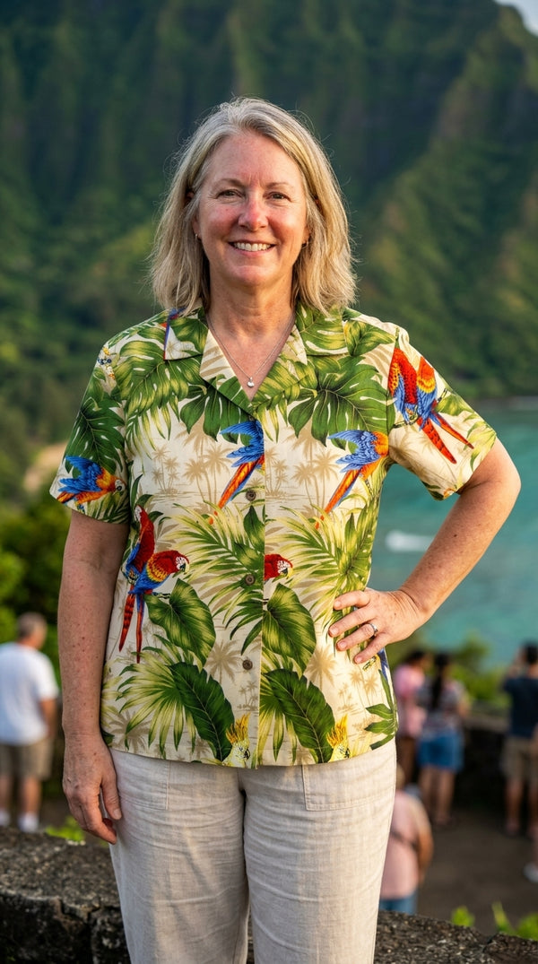 Parrot Monstera Women's Hawaiian Camp Shirt