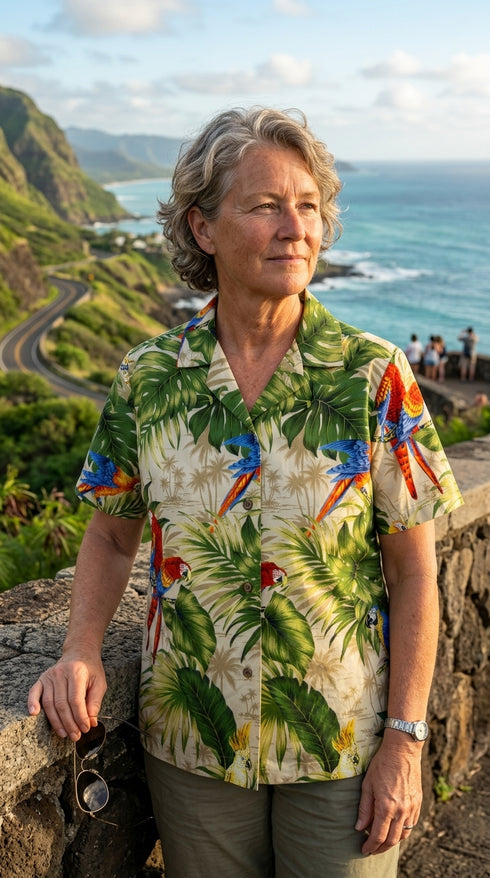 Parrot Monstera Women's Hawaiian Camp Shirt