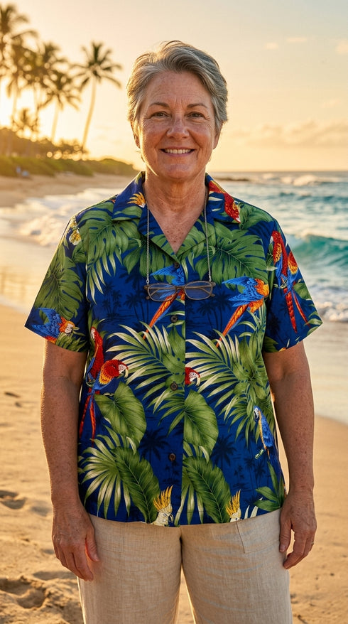 Parrot Monstera Women's Hawaiian Camp Shirt