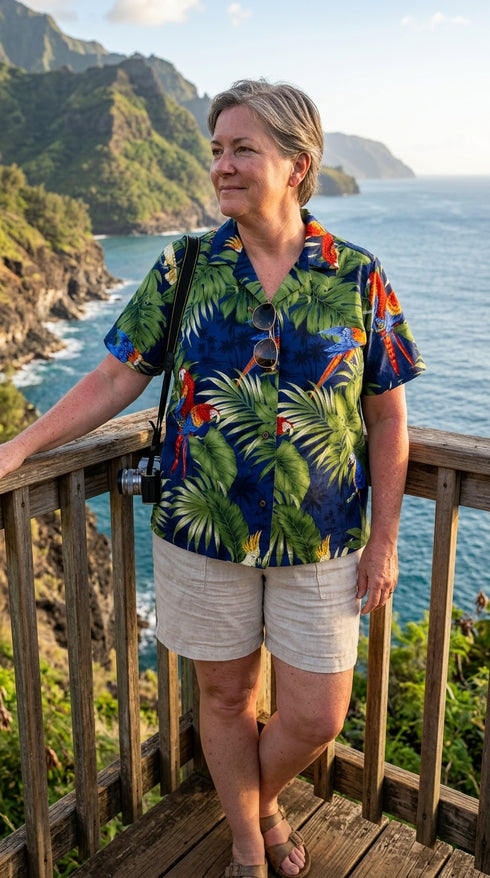 Parrot Monstera Women's Hawaiian Camp Shirt