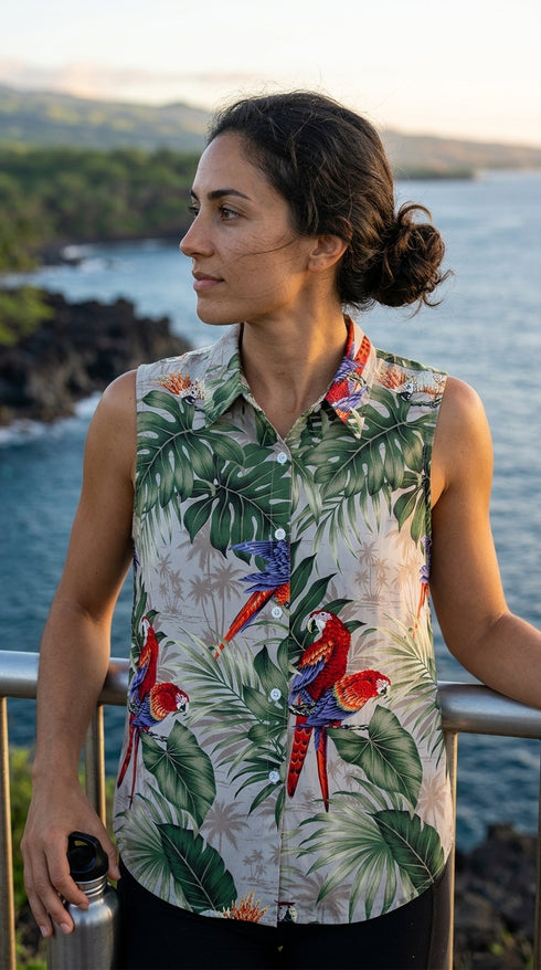 Parrots Monstera Women's Fitted Sleeveless Cotton Aloha Blouse