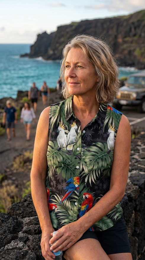 Parrots Monstera Women's Fitted Sleeveless Cotton Aloha Blouse
