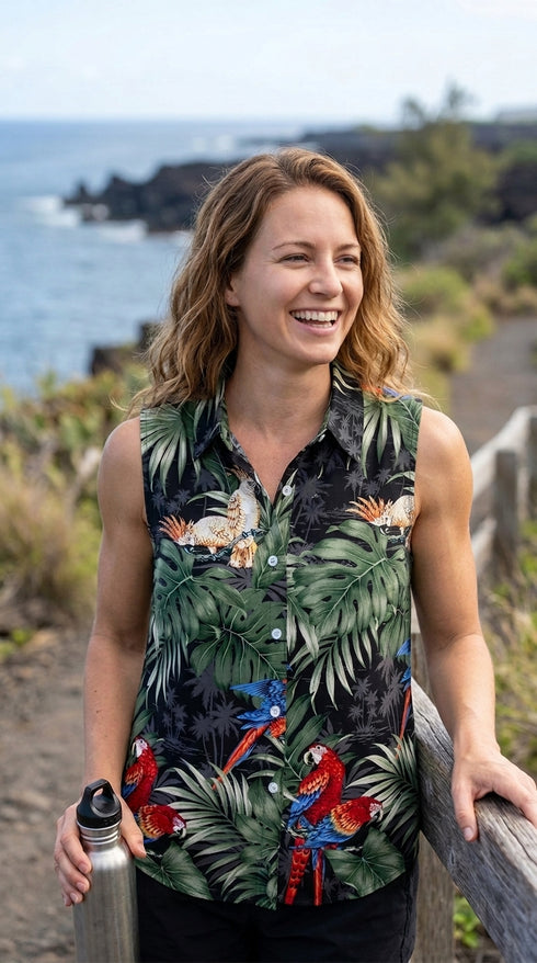 Parrots Monstera Women's Fitted Sleeveless Cotton Aloha Blouse