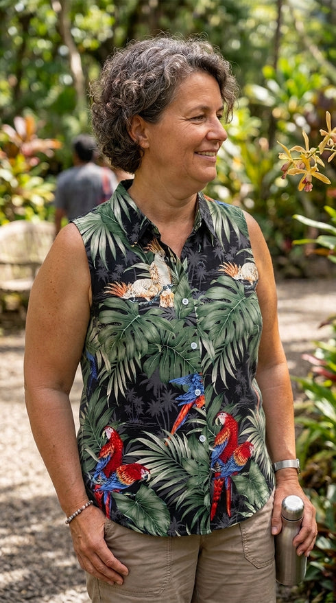 Parrots Monstera Women's Fitted Sleeveless Cotton Aloha Blouse