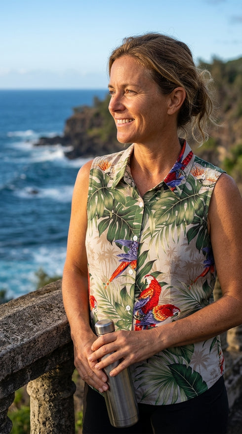 Parrots Monstera Women's Fitted Sleeveless Cotton Aloha Blouse