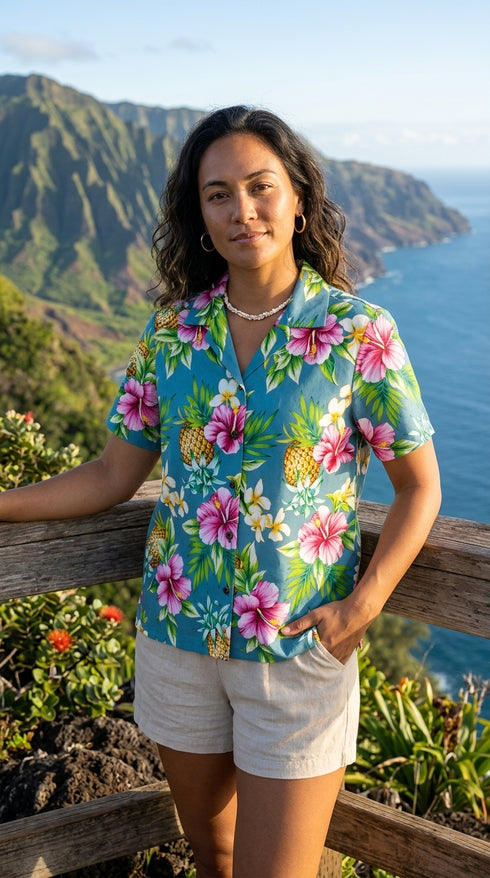 Pineapple HIbiscus Women's Hawaiian Camp Shirt