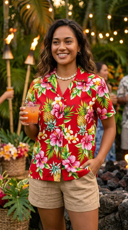 Pineapple HIbiscus Women's Hawaiian Camp Shirt