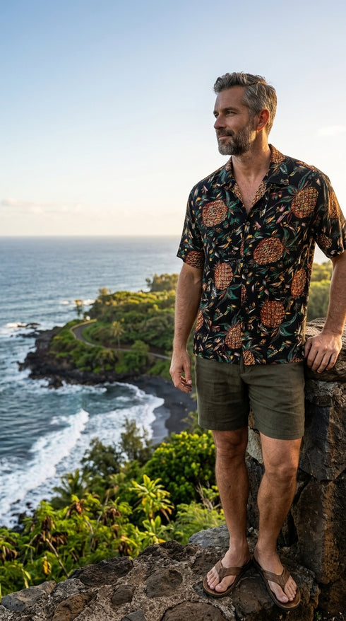 Pineapples Original Kamehameha Men's Hawaiian Aloha Rayon Vintage Shirt