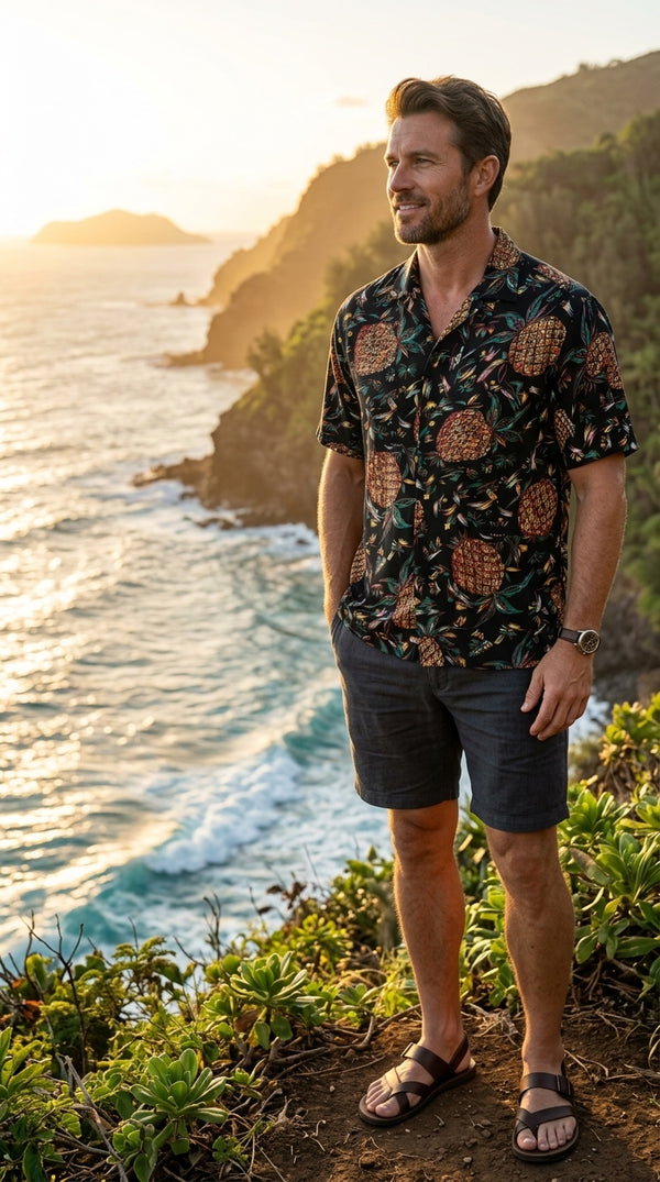 Pineapples Original Kamehameha Men's Hawaiian Aloha Rayon Vintage Shirt
