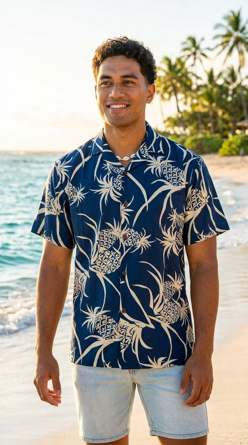 AlohaClothes Pineapple Luau Men's Hawaiian Shirt – 100% Rayon, Made in Hawaii, view 2 of 8
