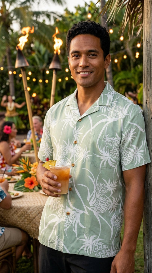 AlohaClothes Pineapple Luau Men's Hawaiian Shirt – 100% Rayon, Made in Hawaii, view 6 of 8